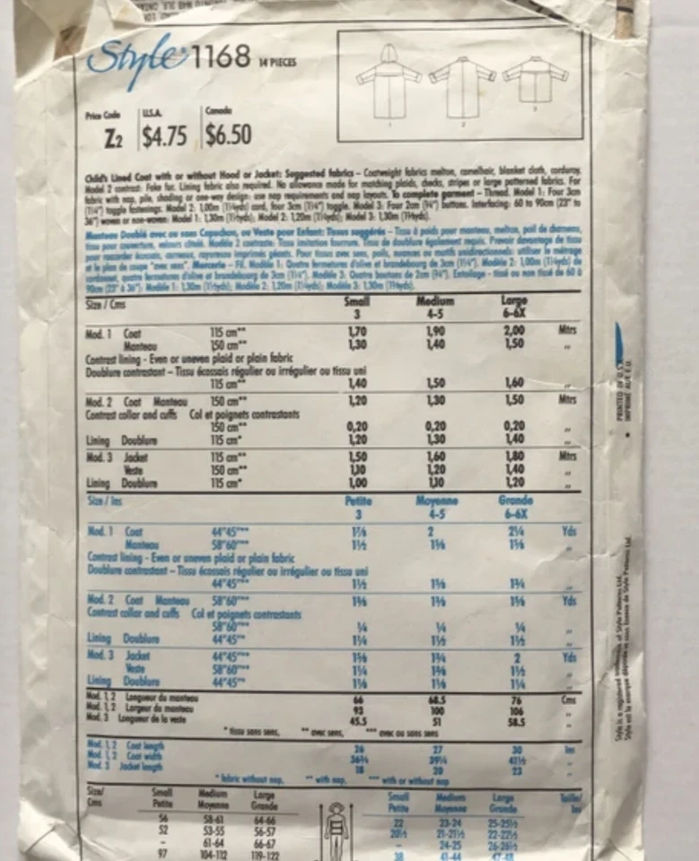 1168 Style Child’s Duffle Coats & Jacket Size 6 Vintage Sewing Pattern Rare - Image 2 of 2