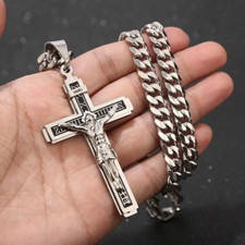 Halskette mit Kreuzanhänger-Lange Gliederkette-Kreuzkette Männer-Jesus Anhänger