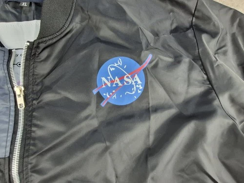 ASSTSERIES NASA Bomber Jacket Men Sz XL Black Flight Jacket Space Logo Polyester image 5