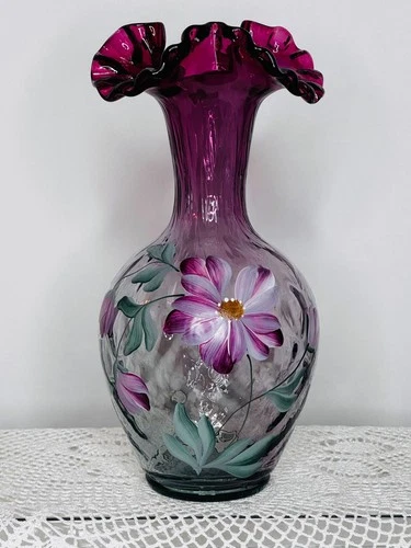 Fenton Rubina Verde Art Glass Vase with Ruffled Crest