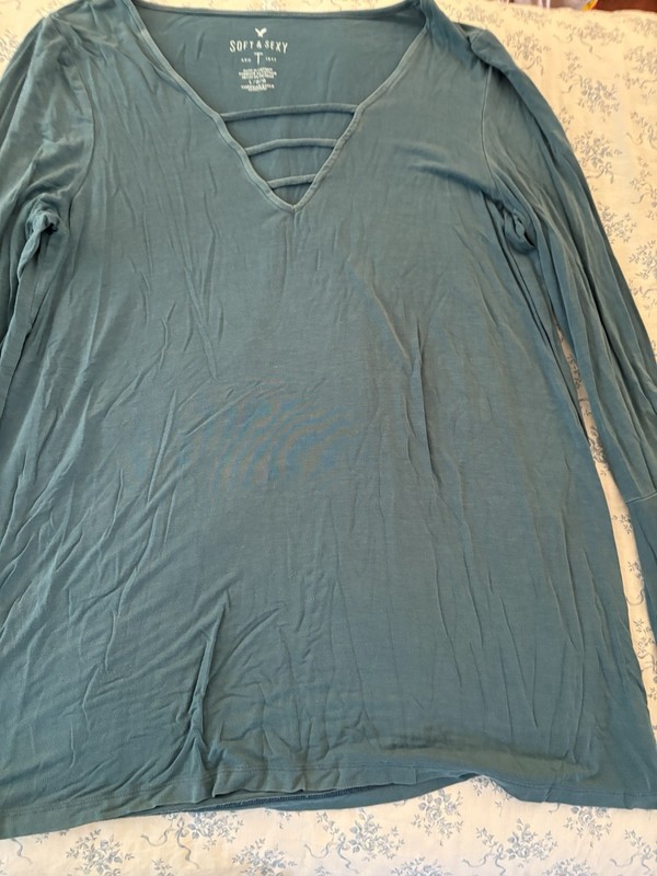 American Eagle Outfitters Blue Cotton Knit V-Neck Strappy Flared Top L Women