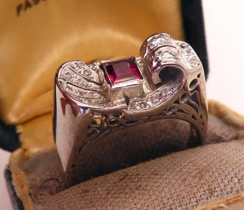 Vintage Art Deco Style Palladium Filigree  4Ct Red CZ Wedding Ring in 925 Silver