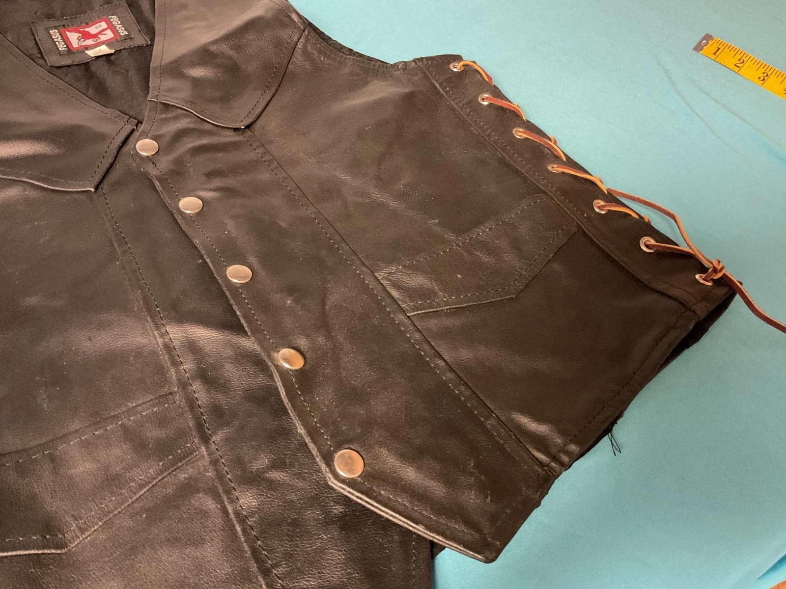Black Leather Motorcycle Vest Medium - Heavy Built - Nice Unused - Leather Ties - product detail image 3