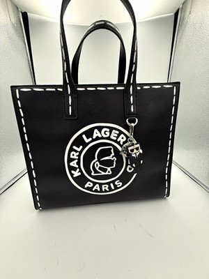 KARL LAGERFELD PARIS Black Logo Tote Bag Zip Closure Detachable Strap Charm