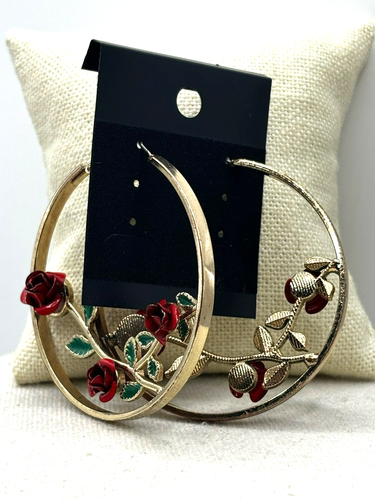 Carved Metal Red Rose Flower Vine Gold Tone 2 Inch Hoop Earrings - Picture 4 of 24