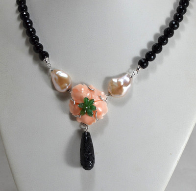 SILBERKETTE 925 ONYX GRAVIERT ROSA KORALLENBLUME UND SMARAGDE AGLN 0290