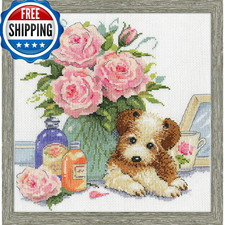 Puppy with Roses Counted Cross Stitch Kit - 10" x 10" - 14 Count Aida