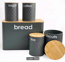 Grey Metal Bread Bin 5pc Set with Bamboo Lid Tea Coffee Sugar Biscuit Canisters