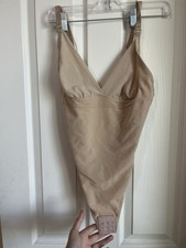 Women s Beige One-Piece Shapewear Bodysuit L Stretch Mesh Adjustable Straps