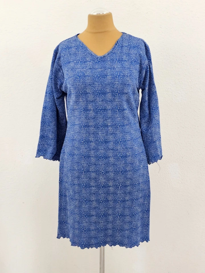 40-42 Shift Dress Glitter Side Slit Bell Sleeve Blue Floral Pattern - Image 3 of 4