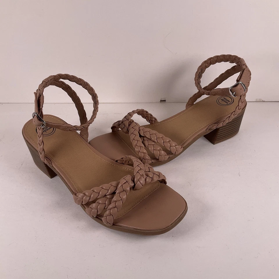 Sandalias de tacón Wonder Nation tostadas trenzadas para mujer talla 5 correa al tobillo con tiras Foto 3 de 4
