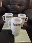 Vintage Corelle Spring Blossom Green Crazy Daisy Pedestal Mugs (3) Milk Glass