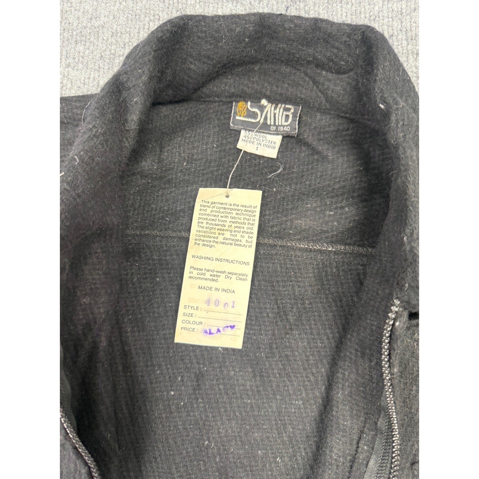 SAHIB OF 1940 Black Wool Blend Zip Up Jacket Mens Size XL Long Sleeve