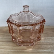 Vintage Pink Indiana Glass Concord Pattern Octagon Covered Candy Dish Vanity Jar