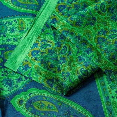 Sanskriti Vintage Green-Blue Sari Soft Pure Silk Paisley Printed Saree 5.5Yard