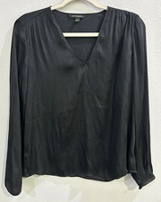 Banana Republic Women s Black Silk Satin V-Neck Pleated Blouse Long Sleeve S