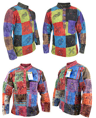 Dicke Patchwork bedruckte Symbole Hippie Opa kragenlose lässige Taschenhemden 