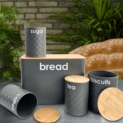 5pc-Kitchen Set Bread Bin Tea Coffee Sugar Tins Biscuit Barrel