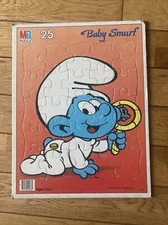 Vintage 1984 Baby Smurf Milton Bradley Tray Puzzle 25pc 14x12