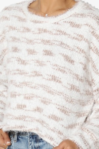 TheMogan Cozy Fuzzy Stripe Boxy Crop Sweater Top Soft Knit Long Sleeve Jumper - Picture 37 of 44