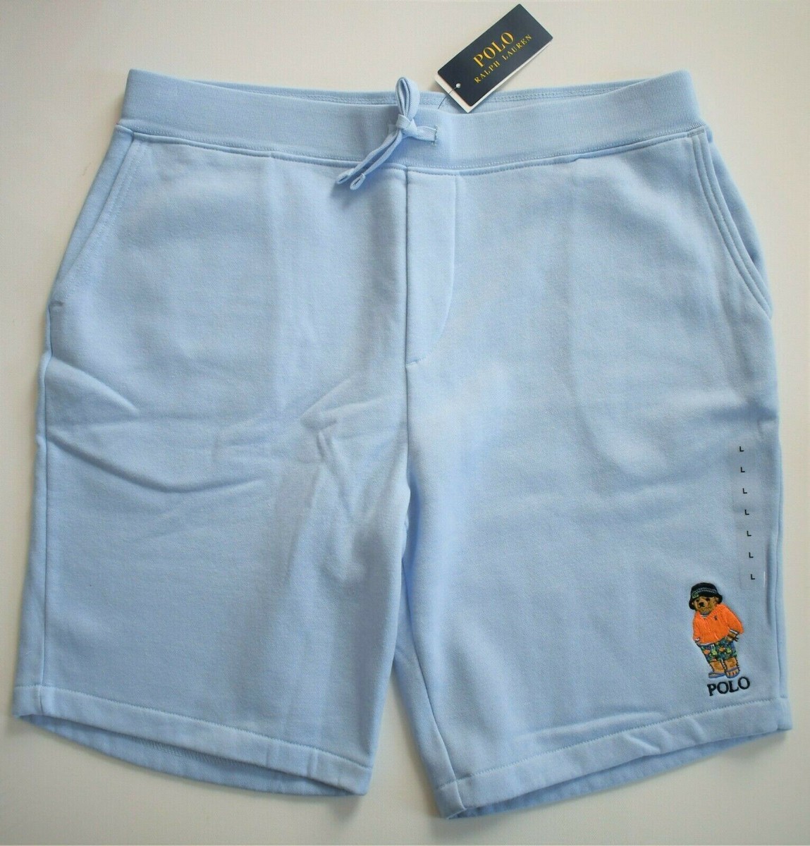 New POLO RALPH LAUREN Light Blue SUMMER POLO BEAR Fleece Sweat Shorts L