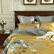 King Size Duvet Cover Set - 3PC Garden Style Long Staple Cotton Golden Floral...