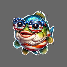 Fishing Sticker Vinyl Decal Patriotic Cute Round Bass With Flag Glasses Art