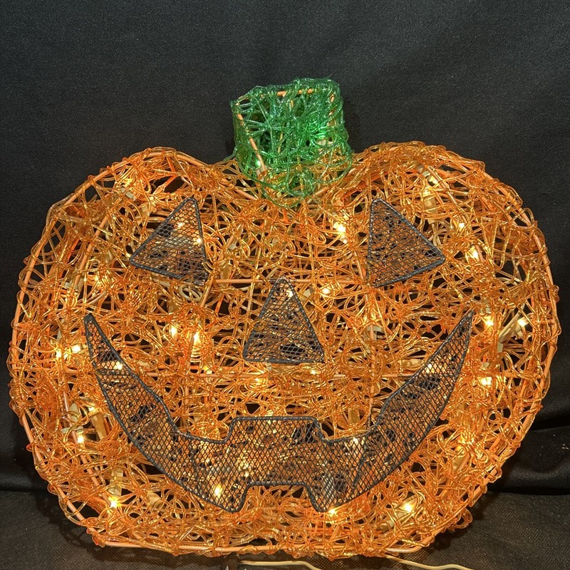 Vintage 14" Halloween Spun Spaghetti Pumpkin Jack-O-Lantern Lights Tested