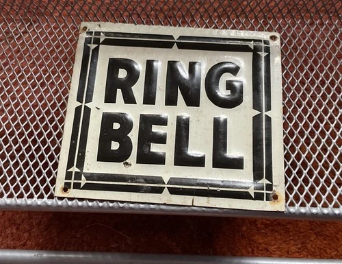 Vintage Antique Art Deco ‘Ring Bell’ - Small Metal Tin Business Industrial sign