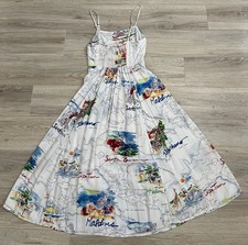 Gap Dress Womens XS White Map Travel Print Fit And Flare Smocked Sundress Summer