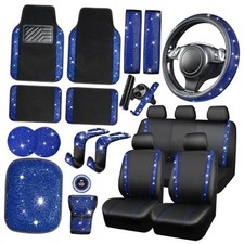 Bling Diamond Car Accessories Set for Women, Leather Seat 23 PCS Blue Diamond