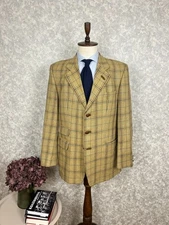 Daks Signature Beige Check Wool Tweed Suede Elbows Vintage Sport Coat 42 L