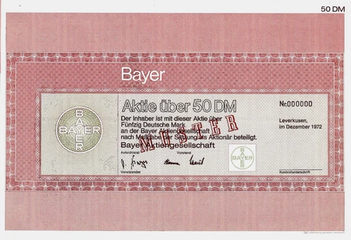 Bayer AG Leverkusen, 1972 (1 Share/50 DM) - Sample/Specimen with Coupons