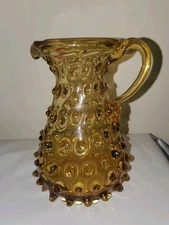 Vintage Emploi Italy Hobnail Amber Glass Pitcher D Handle Labeled 