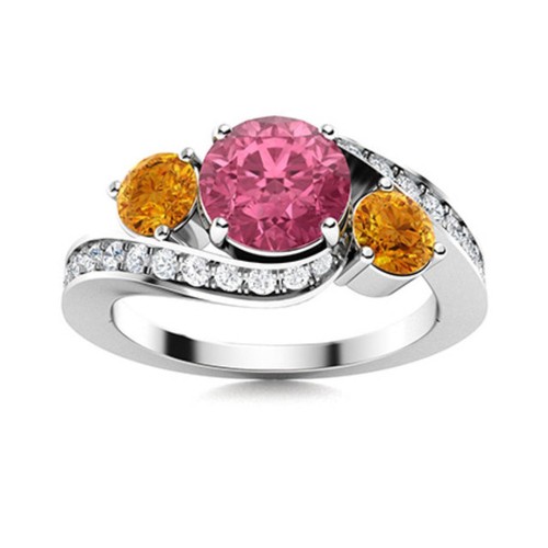 925 Sterling Silver Round Pink Topaz & Citrine Three Stone Women Wedding Ring