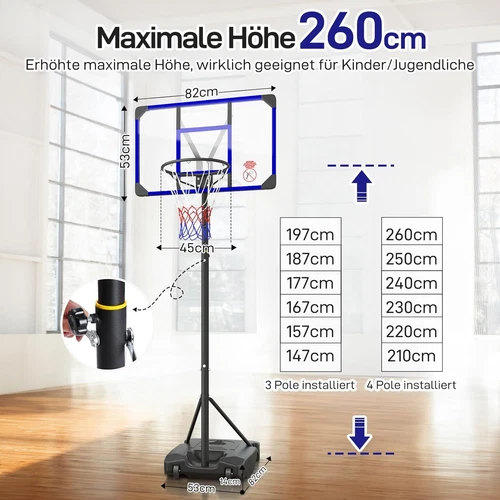 Basketballständer 147-260cm Basketballkorb mit Ständer Rollen Basketballanlage - Bild 3 von 20