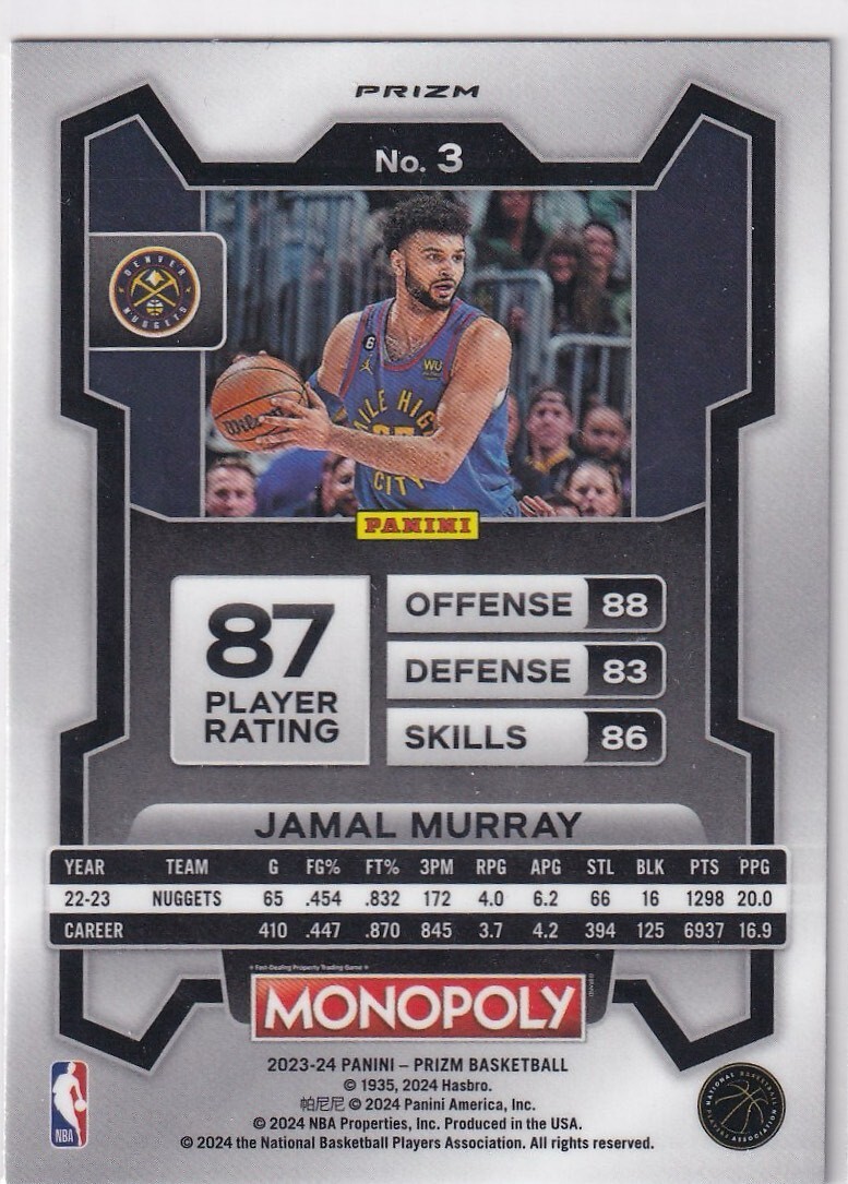 Panini Prizm 2023-24 Prizm Monopoly NBA No. 3 Jamal Murray Purple