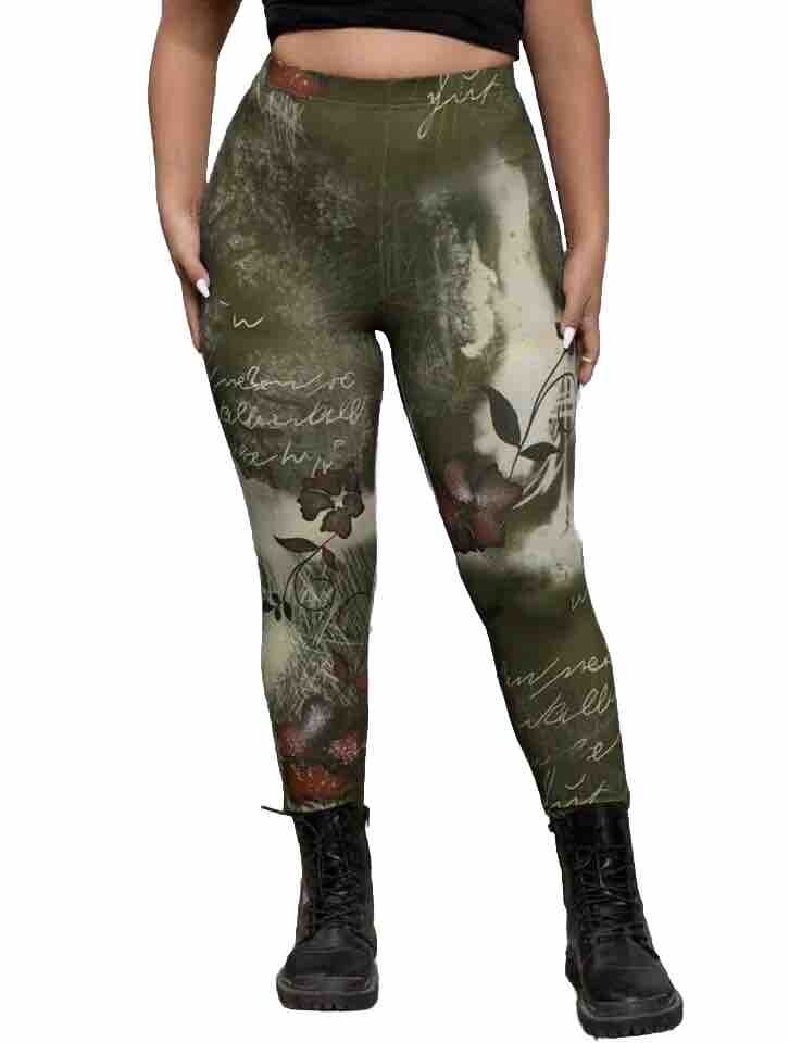 Vintage Y2K Style Green Print Leggings X Curve Pants Steampunk Goth Grunge