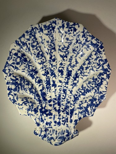 VTG Blue White SVPNT Spongeware Ceramic Seashell Shaped Pottery Bowl 11" x 9.5" - Picture 6 of 24
