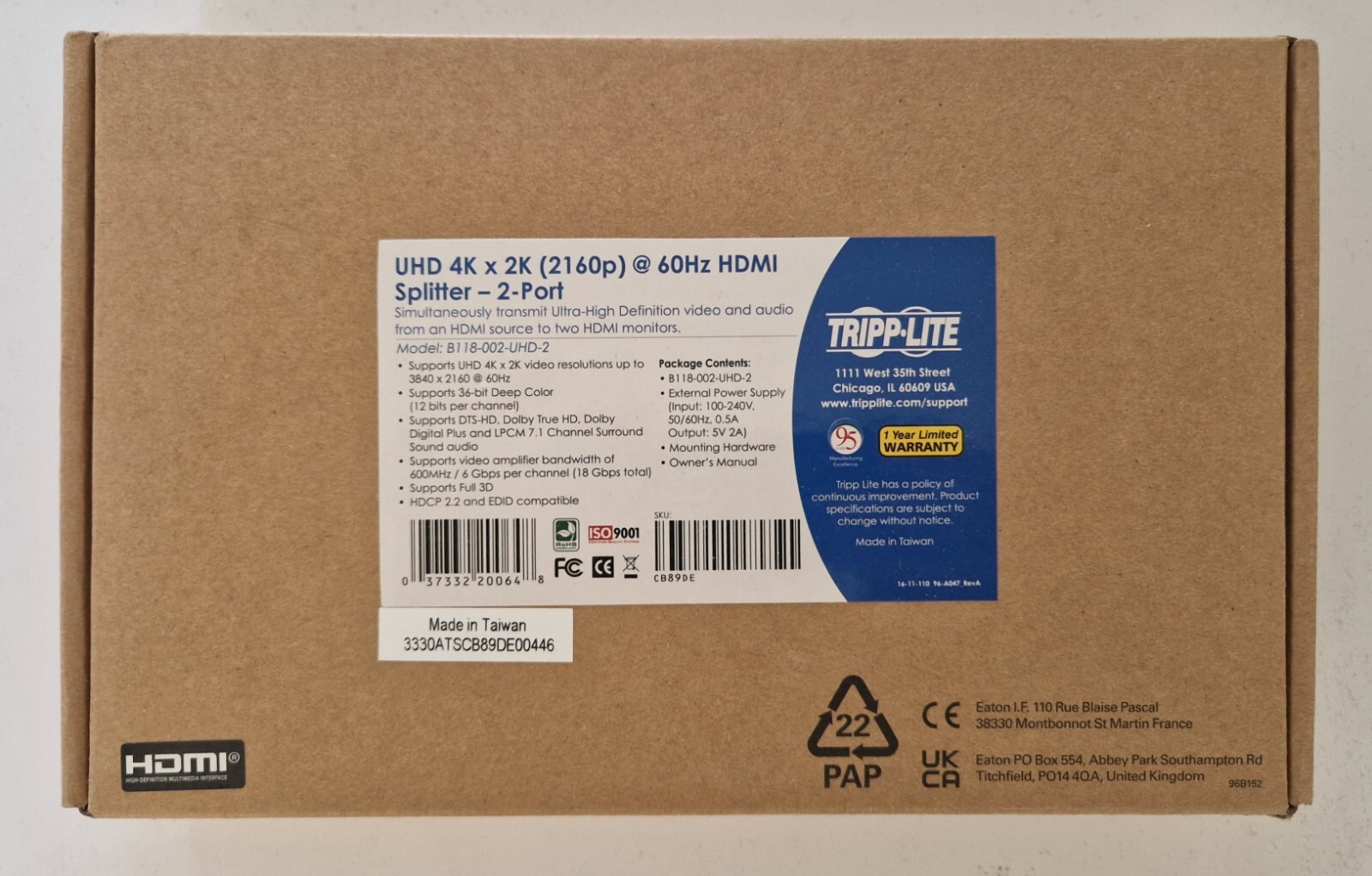 Tripp Lite 2-Port UHD HDMI Splitter Kit HDCP 2.2, HDMI 2.0, 4K x 2K @ 60Hz