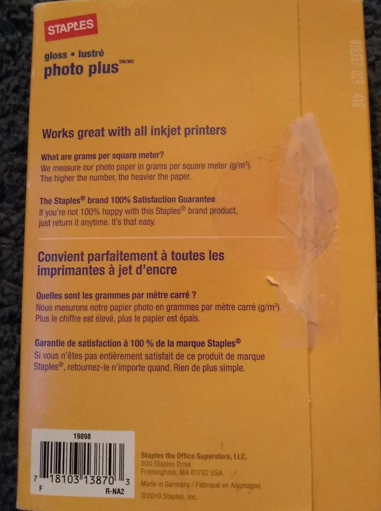 Staples Photo Plus 4 X 6 inch glossy photo printer paper 51 sheets total. Open.