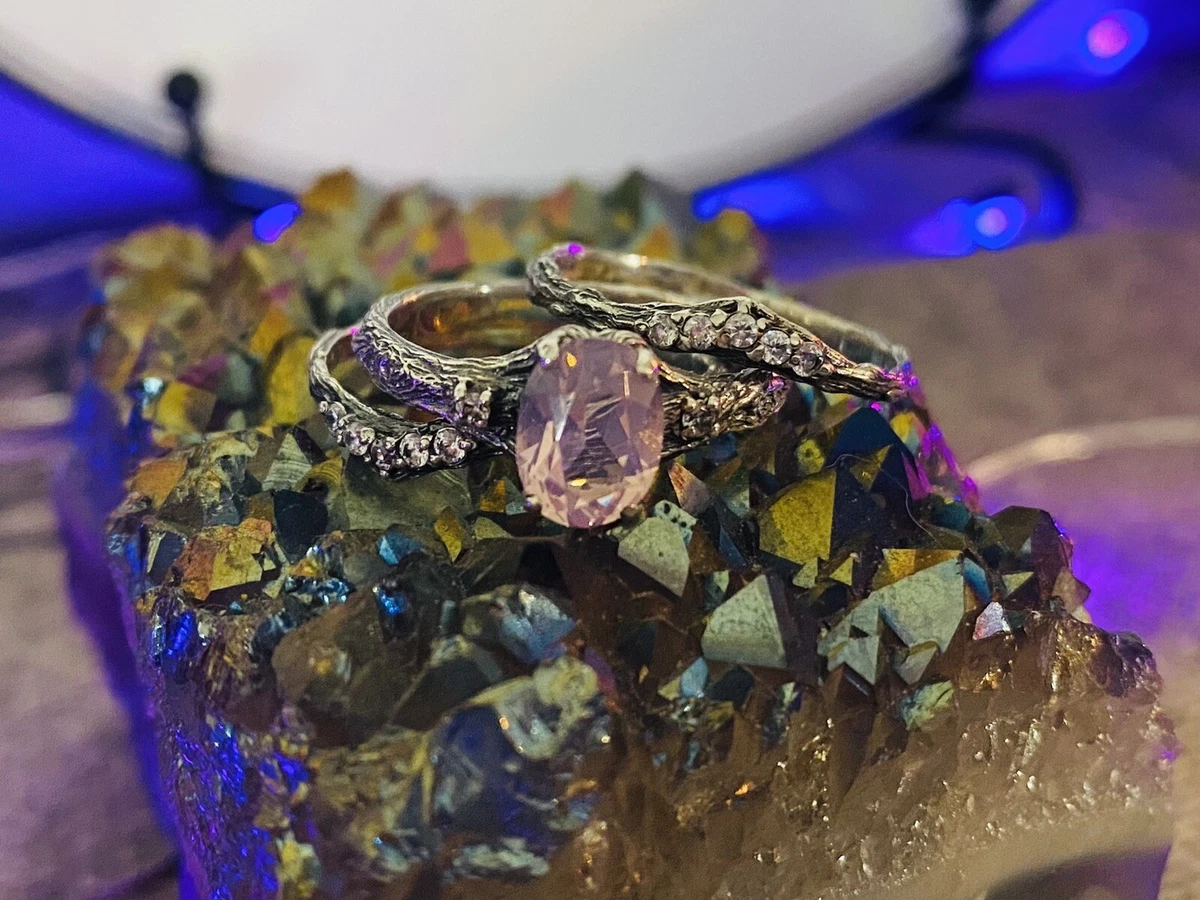 Rose Quartz Sterling Silver Tree Bark Fairy Elvish Wedding Engagement Ring Set 8