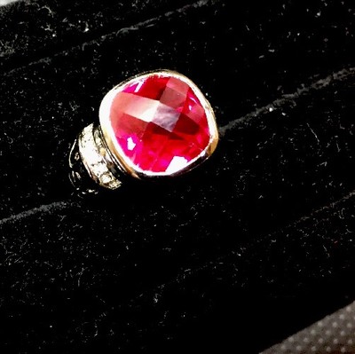 Sterling finished 5CT Pillow-Cut Faceted simulated Ruby Ring, with CZ Accents