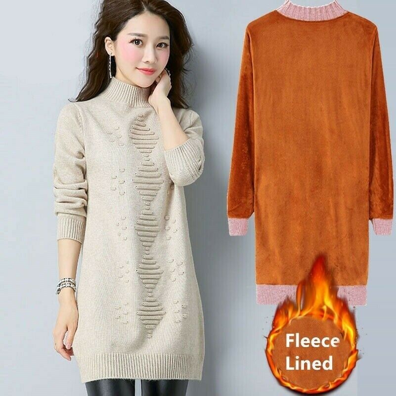 Lady Polka Dot Sweater Dress Knitted Fleece Lined Chunky Mock Neck Winter  Casual