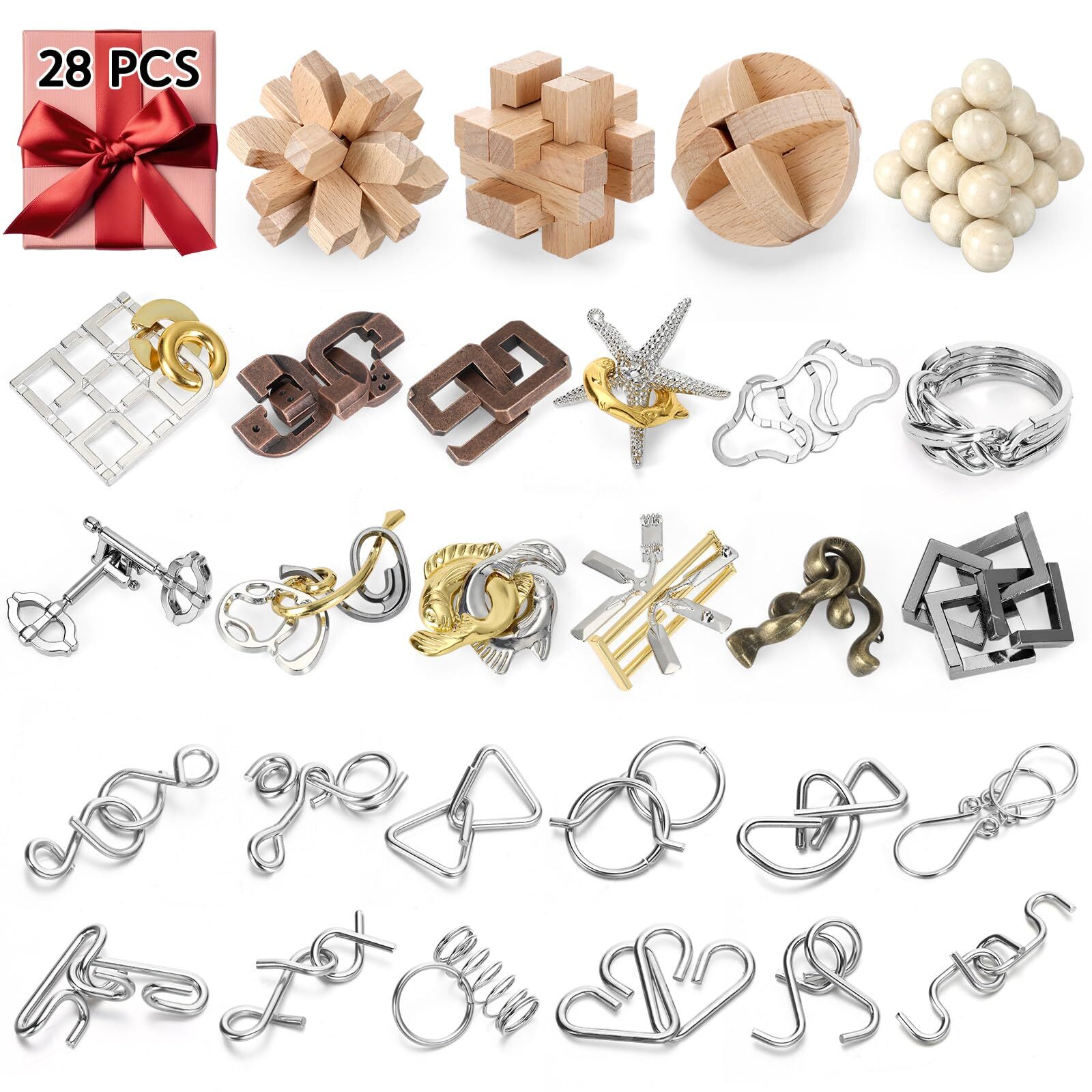 Seenelling 28 Pcs Brain Teaser Puzzles Wooden and Metal Cast 3D Unlock Interl...