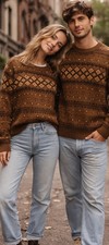 Nordic Fair Isle Vintage Y2K Knit Brown Cabin Core Sweater Cotton XS Oversized