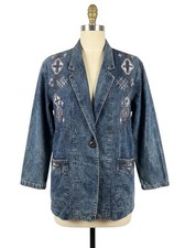 Vintage 80s Denim Blazer Jacket Blue Embroidered Acid Wash Retro Indie Boho 16