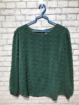 Qearal, XL, Dark Green Textured Sheer Long Sleeve Chiffon Blouse/Top, Lined
