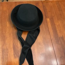 Vintage 1940's Black 100 Wool Wide Brim Womens Hat With Under Neck Tie