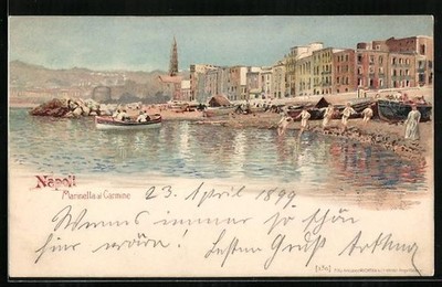 Künstler-AK Napoli, Marinella al Carmine, Partie am Strand, Ruderboot 